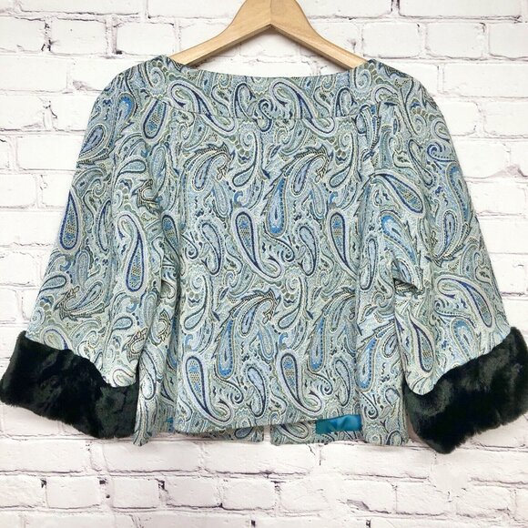 Trina Turk Los Angeles Palm Springs Paisley Peacock Fur Cuff Jacket Sz 10 - Picture 2 of 12